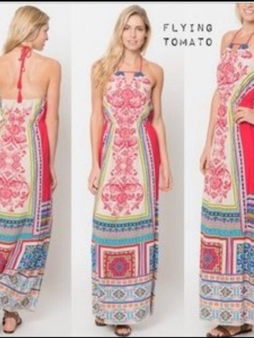 Flying Tomato Bohemian Halter Neck Dress Multicolor Rayon Sleeveless Long Size M
